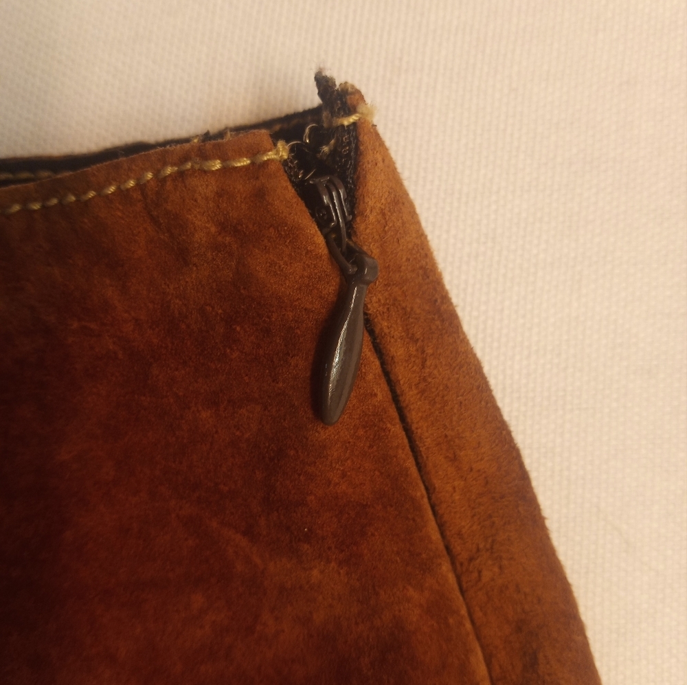 Apostrophe Leather Suede Patchwork Retro 70s Style Tan Brown Hippie Boho Skirt 8 - Picture 11 of 13